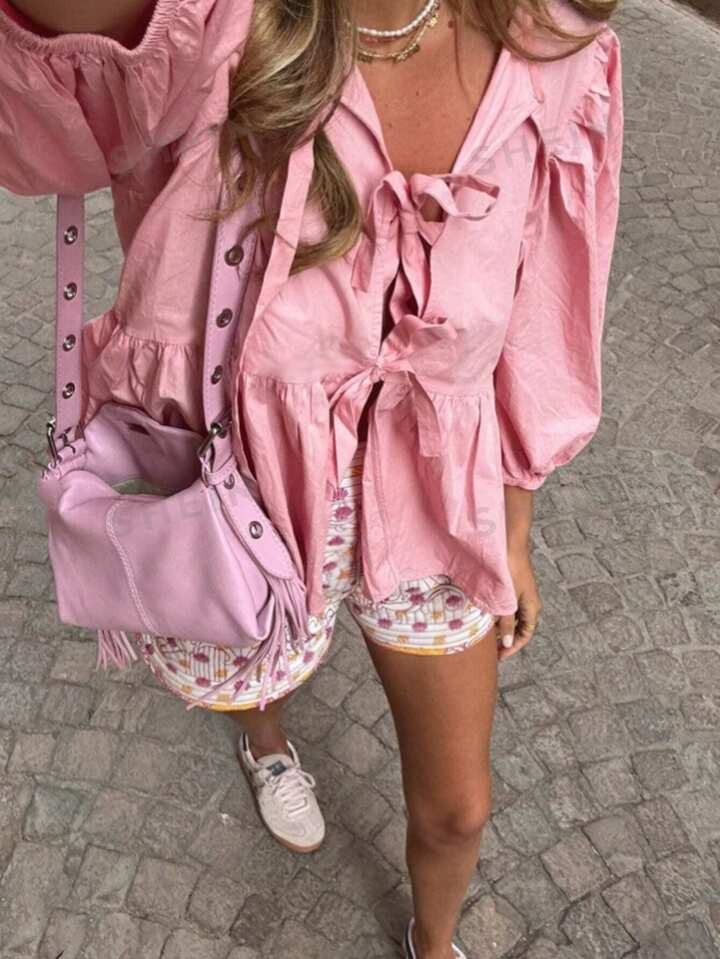 SHEIN Essnce Women's Plain & Simple Daily Wear Tie-Up Shirt | SHEIN USA | SHEIN