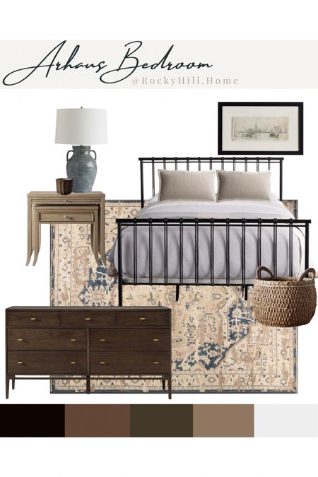 Arhaus Bedroom Furniture and Decor, wrought iron bed, framed French landscape, rustic blue lamp, blue and beige rug

#LTKstyletip #LTKhome