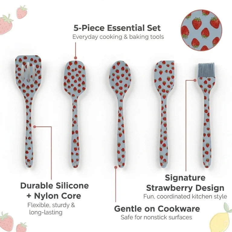 Just Feed Me by Jessie James Decker 5-Piece Silicone Kitchen Gadget Set, Strawberry | Walmart (US)