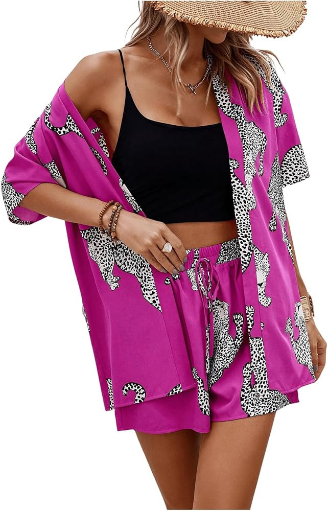 WDIRARA Women's Leopard Print 2 Piece Outfits Short Sleeve Shirt Shorts Set | Amazon (US)