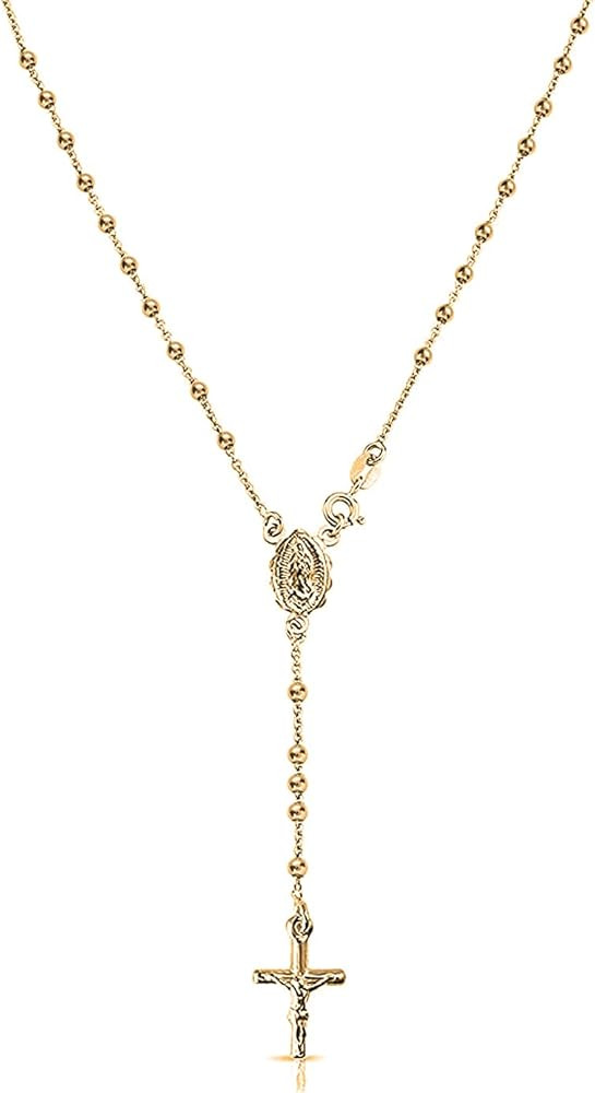 Savlano 925 Sterling Silver Italian Solid Bead Chain Cross & Rosary Virgin Mary Pendant -18K Gold... | Amazon (US)