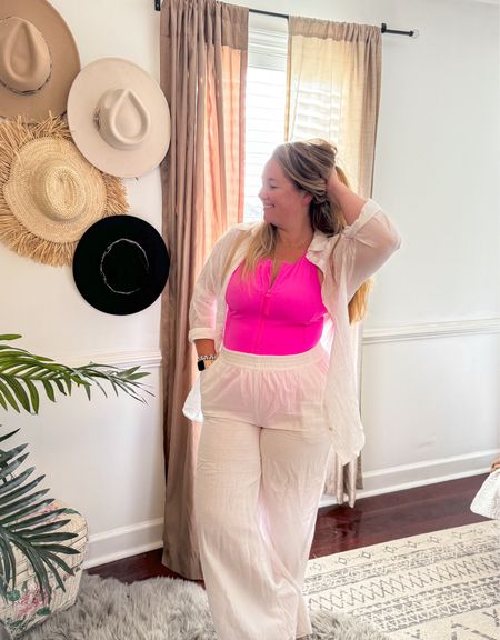 Midsize curvy swim suit style and linen cotton two piece set that’s the perfect addition to a summer wardrobe. Hot pink swim suit that screams Barbie vibes and a linen shirt and linen pant that needs to be on a beach somewhere. 

#LTKmidsize #LTKActive #LTKswim
