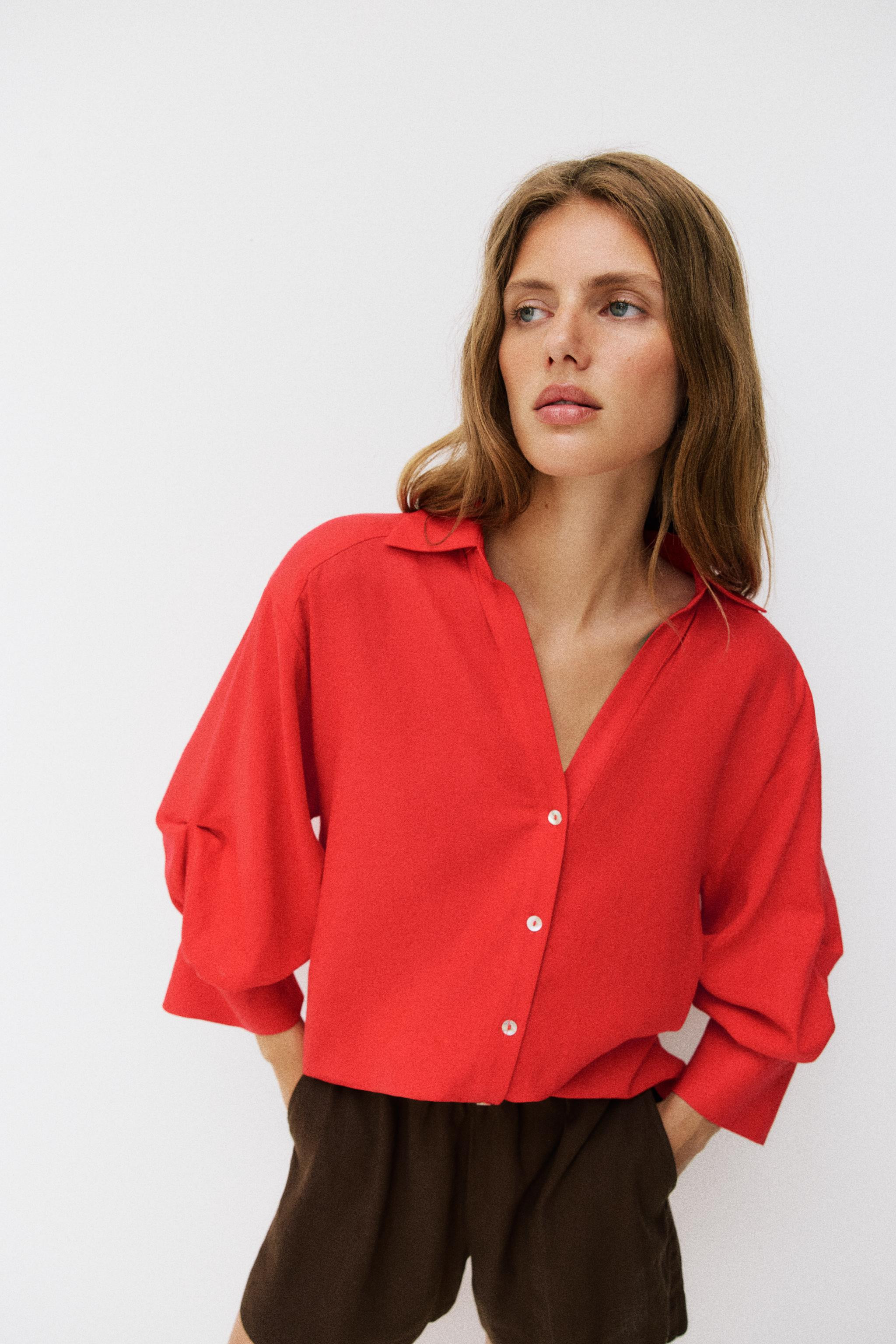 LINEN BLEND PUFF SLEEVE SHIRT | Zara US