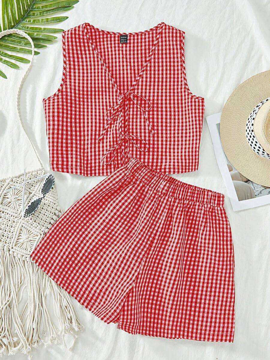 SHEIN VCAY 2pcs Women Casual Plaid Pattern Vest & High Waisted Loose Shorts Set | SHEIN