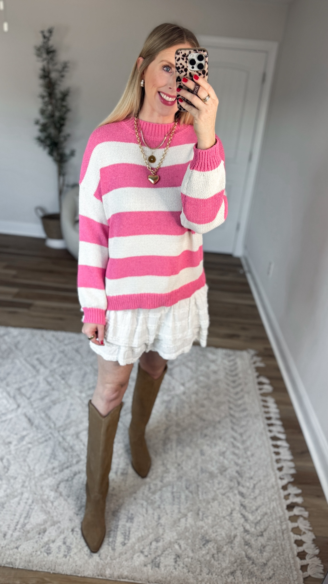 Daily try on, Walmart outfit, Walmart fashion, Walmart try on, pink and white stripe sweater, white lace skort 

#LTKmomlife #LTKootd