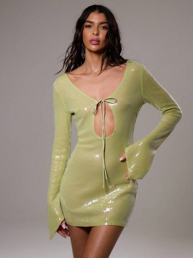 MUSERA Sequin Tie Front Flare Sleeve Mini Dress Vacation Festival Summer Pastel Brunch Holiday Beach Ibiza Night Out Wedding Guest Elegant Birthday Night Out Party Summer Outfit | SHEIN