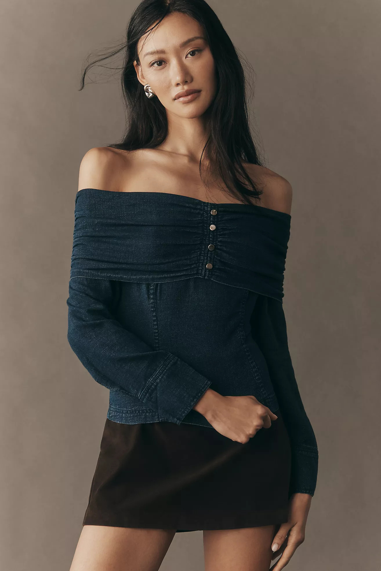 Pilcro Long-Sleeve Off-Shoulder Denim Top | Anthropologie (US)