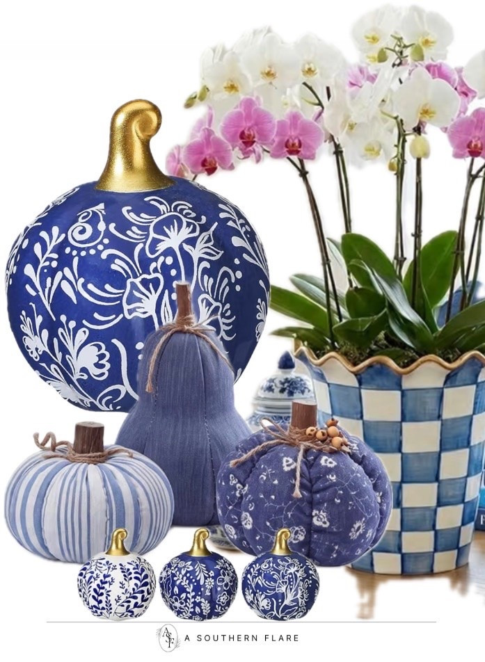 beautiful blue and white pumpkins and planters. Perfect for fall decor! #AutumnDecor #HomeStyle