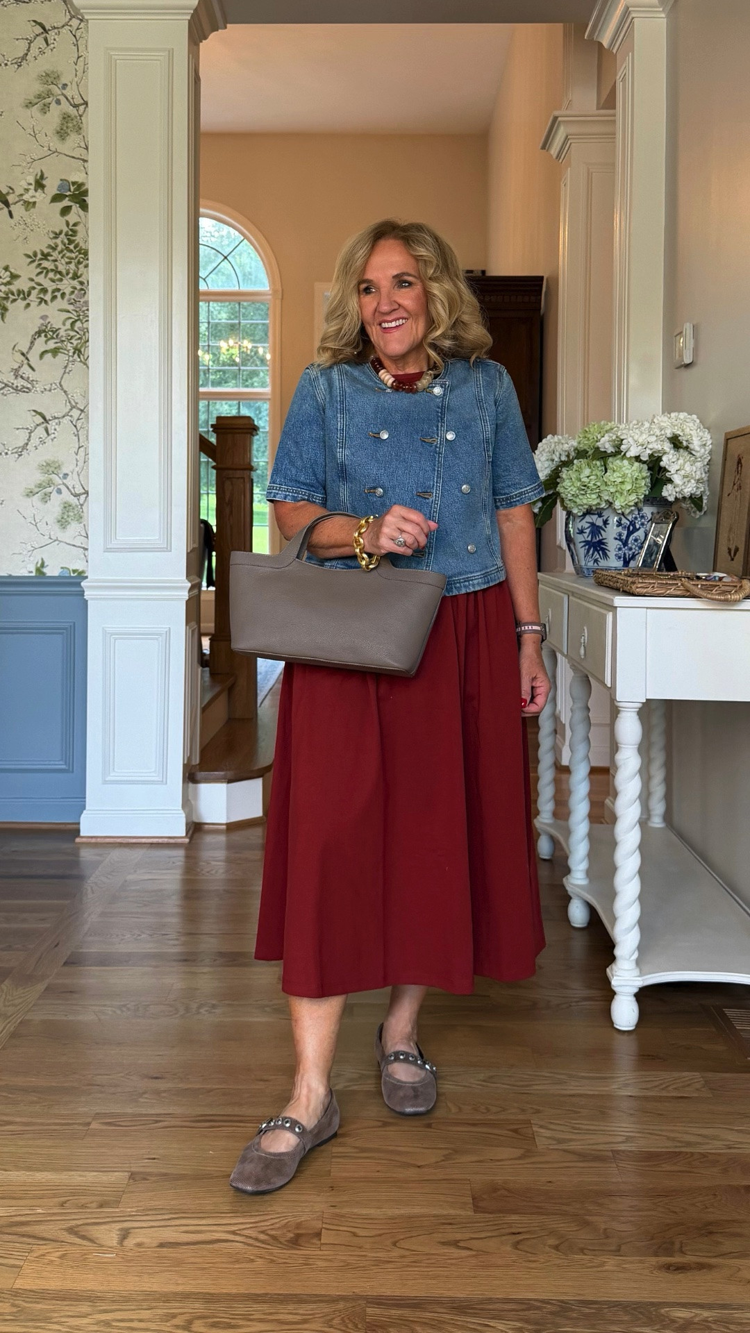 This denim jacket and burgundy midi skirt are such a pretty fall combination. The relaxed layers and comfortable flats make it easy to wear while still looking polished.

💡 LTK MADE EASY
❤️ Heart = Support my posts!
🔖 Save = Get sale & restock alerts
📋 Lists = Keep favorites organized
📲 Share = Send lists and products to a friend. Hello, Christmas List!
💬 Comment = Ask me anything about what I'm wearing.:-)

#LTKootd #LTKdayinmylife #LTKOver40