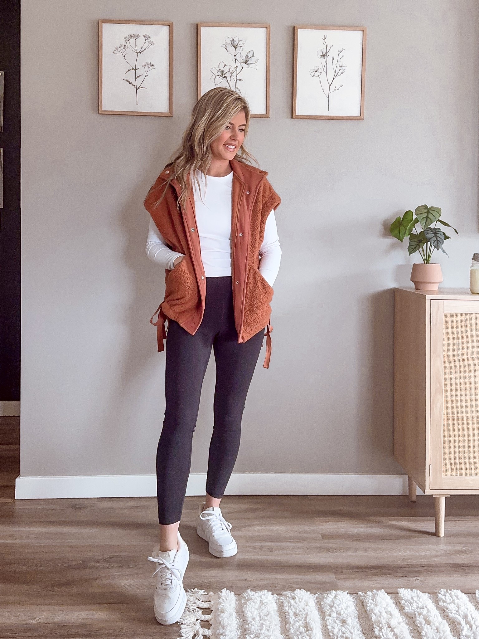 Free People look for less vest. 
Comfy leggings & sneakers outfit 

#LTKStyleTip