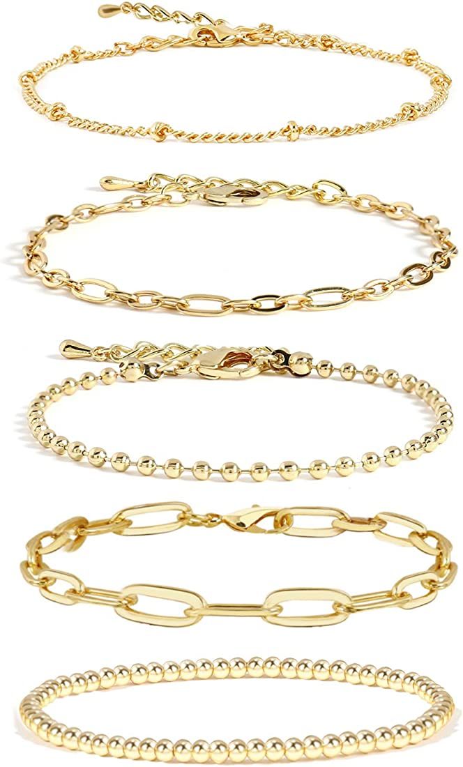 Gold Chain Bracelet Sets for Women Girls 14K Gold Plated Dainty Link Paperclip Bracelets Stake Adjus | Amazon (US)