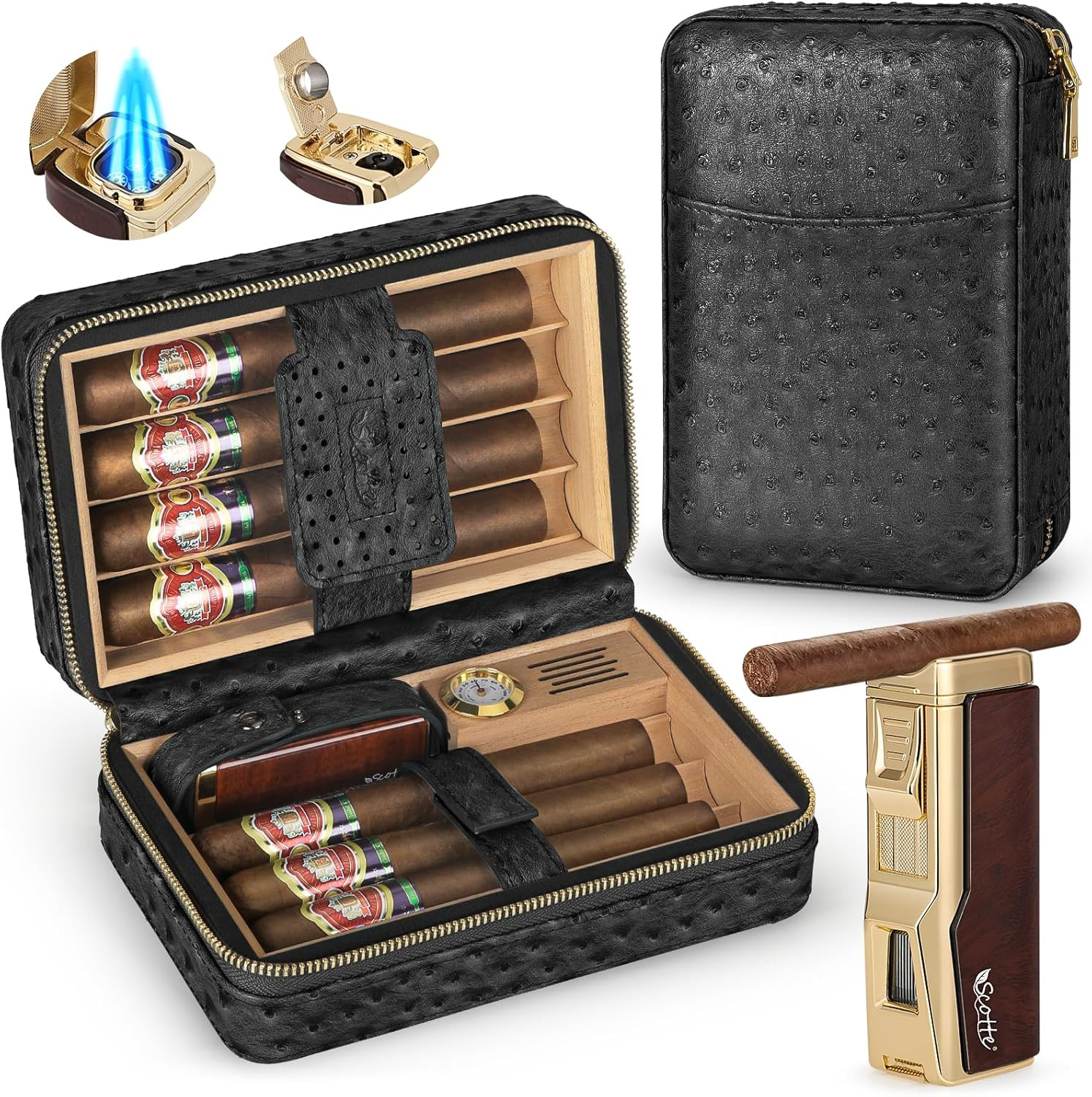 Scotte Cigar Humidor Box, Cigar Lighter Cedar Wood Lined Leather Cigar Case Built in Hygrometer &... | Amazon (US)