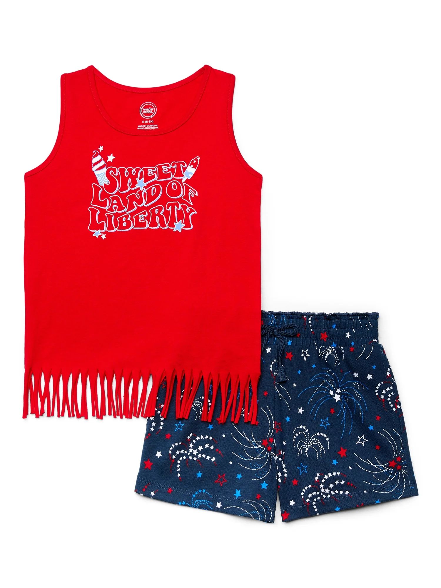Wonder Nation Girls Americana Graphic Fringe Tank Top and Shorts Set, 2-Piece, Sizes 4-18 | Walmart (US)