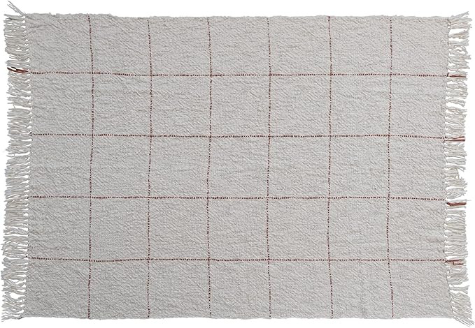 Creative Co-Op Cotton Slub Grid Pattern and Fringe, Natural and Brown Throw Blanket, Ivory | Amazon (US)