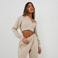 Long Sleeve Oversized Zip Detail Cropped Hoodie In Beige, Women's Size UK 10 | EGO (UK)