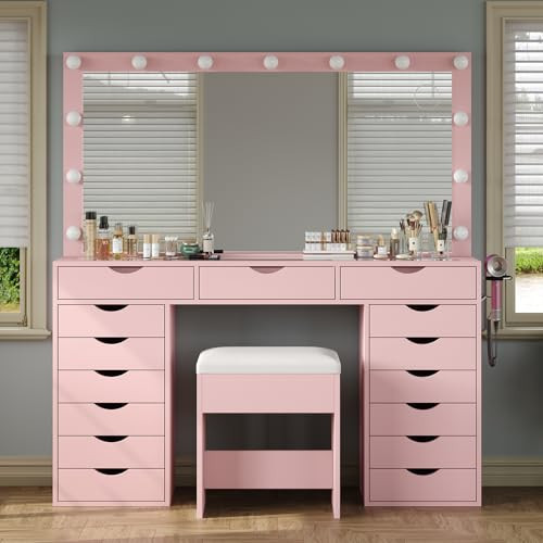 Yanosaku 15 Drawers Vanity Desk with Power Outlet, Makeup Table with Mirror and 13 LED Lights, 3 Color Lighting Modes, Brightness Adjustable, Glass Top Dressing Table, Vanity Set for Bedroom (Pink) | Amazon (US)