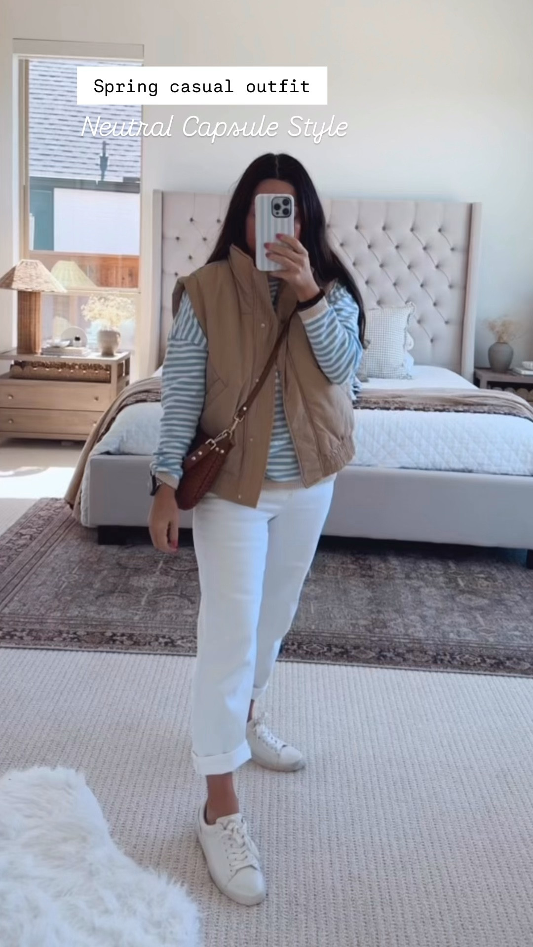 Easy spring outfit idea featuring neutral capsule wardrobe staples that are perfect for everyday casual style. I paired a striped long sleeve tee with a lightweight tan vest, white denim, and classic white leather comfy sneakers for a comfortable spring outfit you can wear running errands, traveling, or for casual weekend plans. All pieces are affordable and versatile and easy to mix and match with other spring wardrobe basics. Follow me on LTK for daily fashion, home decor, and Amazon finds.

#LTKPetite #LTKdayinmylife #LTKootd