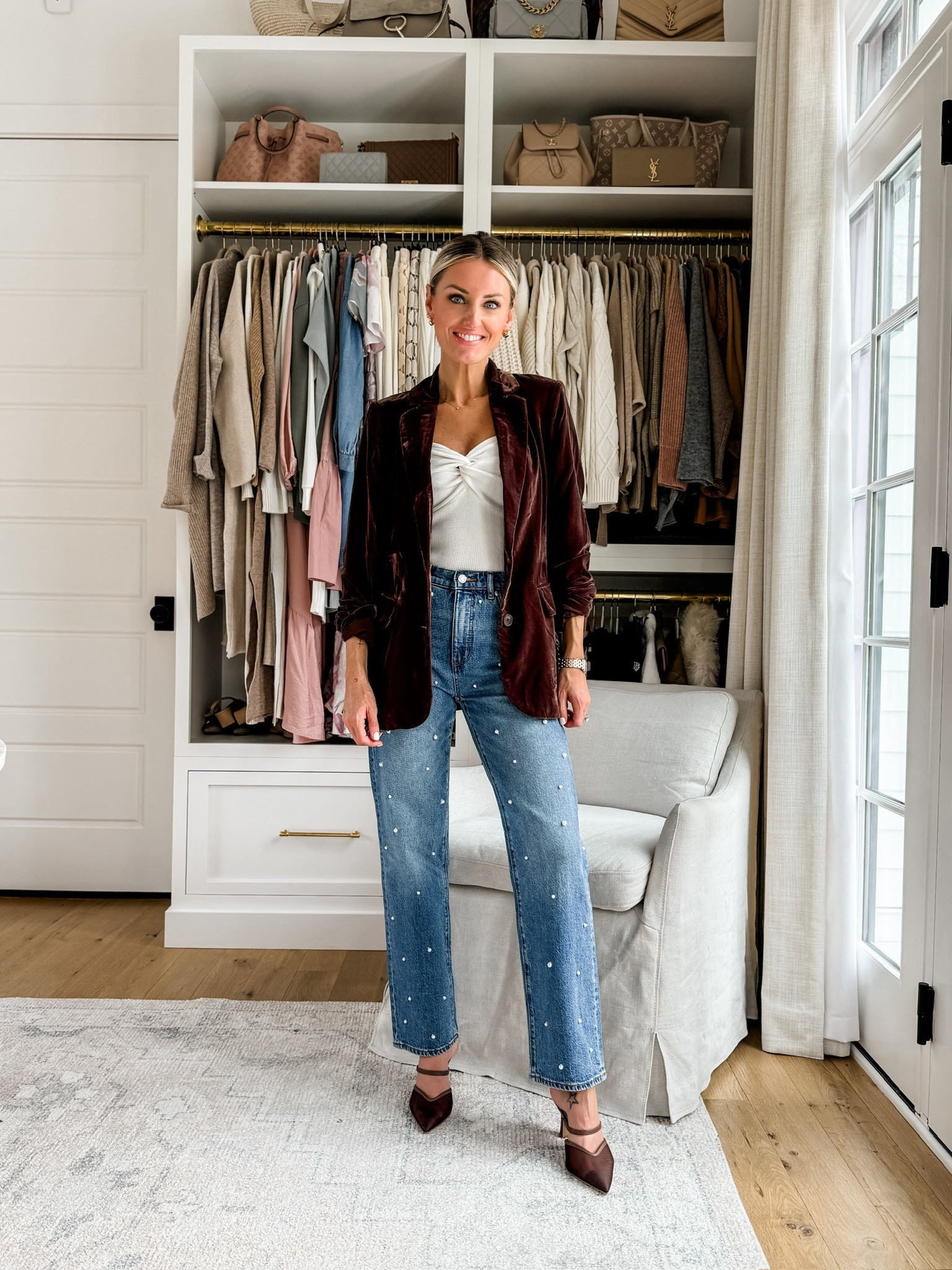 Love this holiday look! 😍 This velvet blazer & pearl jeans can be styled several ways for the holidays! Wearing XS in blazer, S in top, & 24 in jeans!

Loverly Grey, Target, holiday looks, holiday party, Christmas party, pearl jeans 

#LTKSeasonal #LTKHoliday #LTKStyleTip