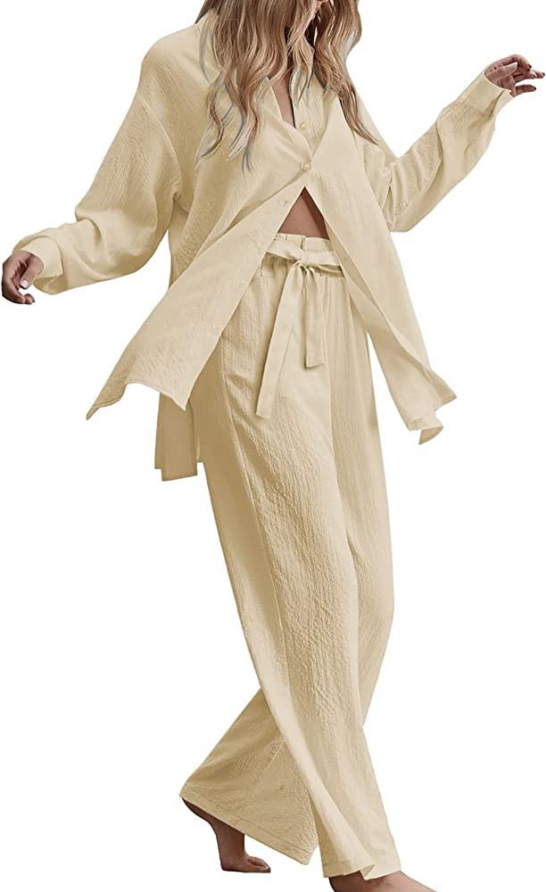 Zeagoo Women 2 Piece Outfits Sets Linen Button Down Long Sleeve Shirts and Wide Leg Pants Sets | Amazon (US)