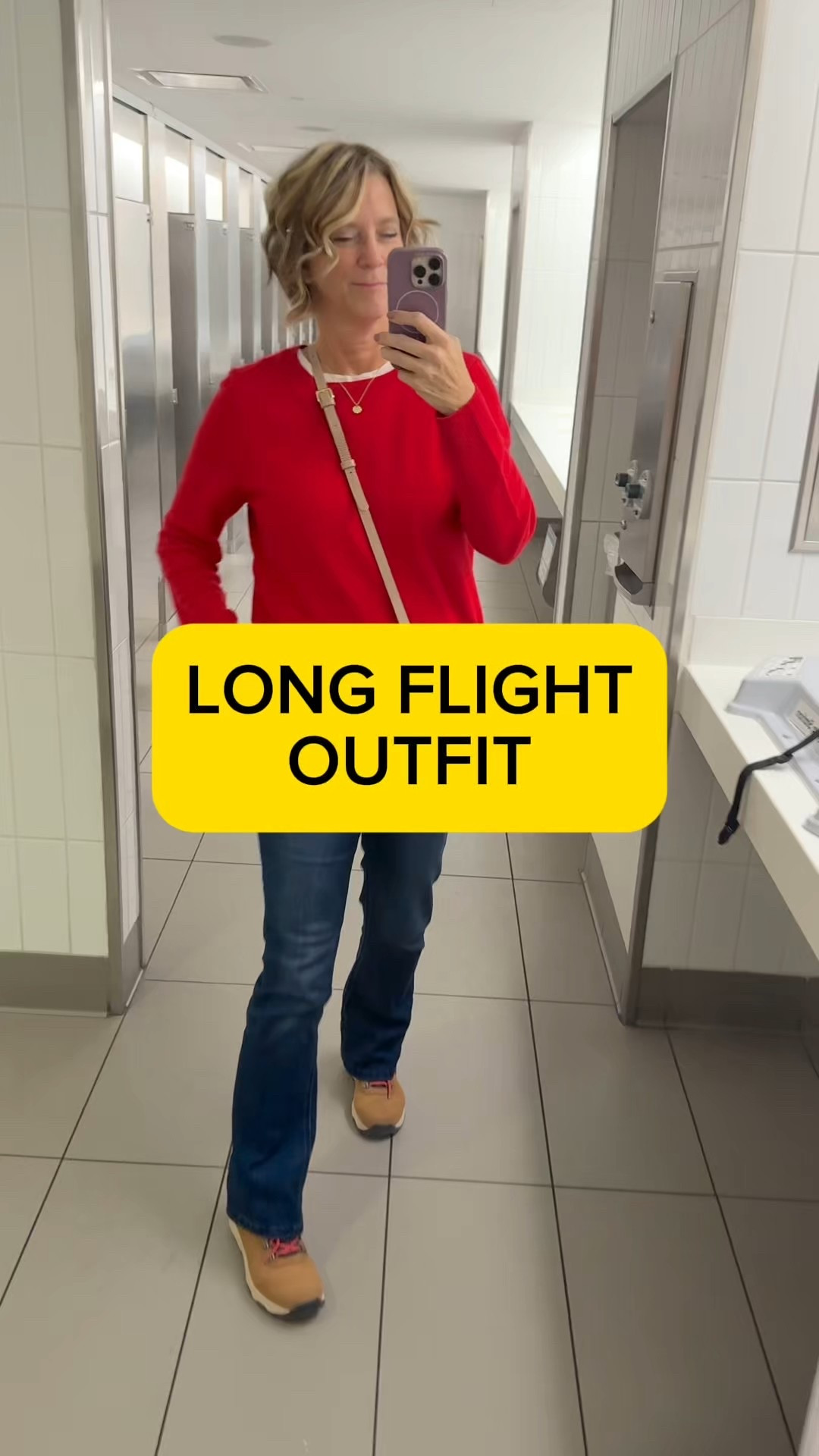 Travel outfit for long haul flight in a comfortable airplane seat: layering t-shirt, lightweight cashmere sweater, jeans with tummy control and an elastic waist, waterproof shoes that feel like sneakers, and a crossbody bag that holds a ton of travel essentials.  Style over 50, over 40 fashionnable

#LTKTravel #LTKOver40