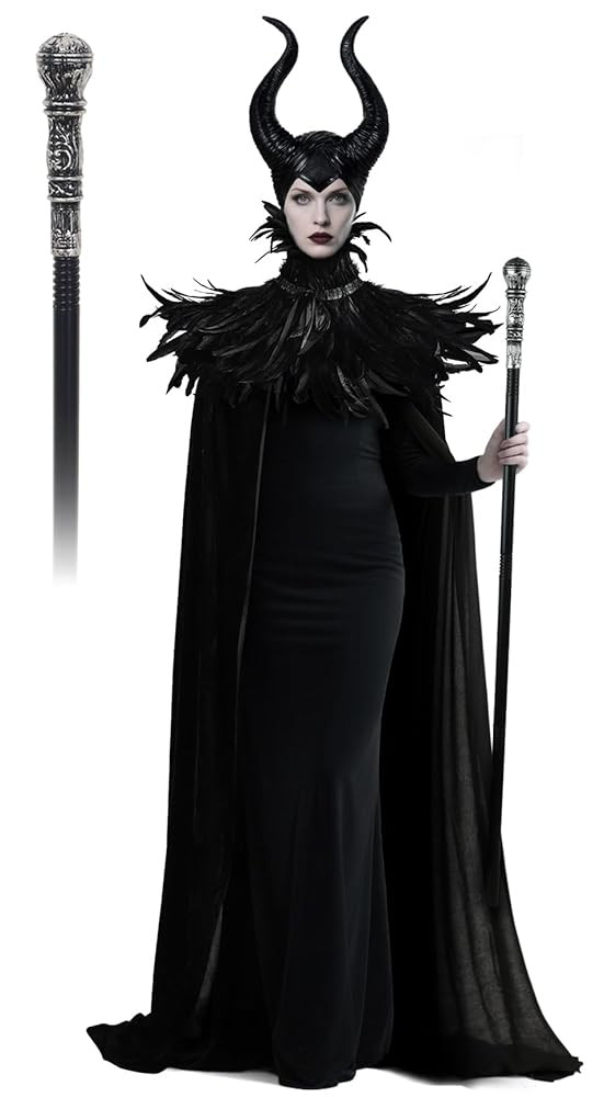 UQJE Black Gothic Witch Costume Raven Costume Halloween Feather Shawl Mesh Cape with Horns Set | Amazon (US)