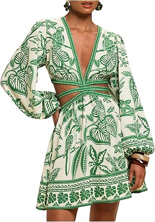 Floerns Women's Tropical Bishop Sleeve Mini Dress Cut Out Tie Back V Neck Beach A Line Dresses | Amazon (US)