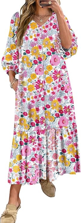 ANRABESS Womens Boho Maxi Dresses Summer Floral V Neck Puff Sleeve Flowy Swing Tiered Long Beach ... | Amazon (US)