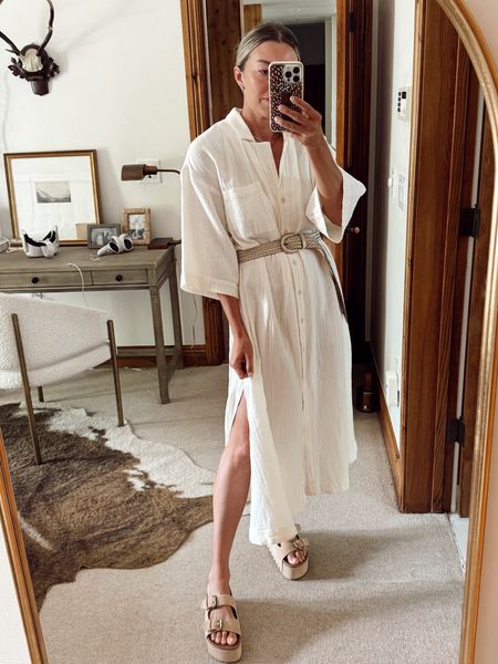 Todays summer outfit 🐚 I’ve been wearing this all day today, added a hat when I was out in the sun, but it’s so nice and lightweight.  I’m so happy to find it in stock again because I’ve owned this dress/belt combo for 2 yrs now. My shoes are free people look alikes from Amazon 

#LTKFindsUnder50 #LTKSeasonal #LTKFindsUnder100