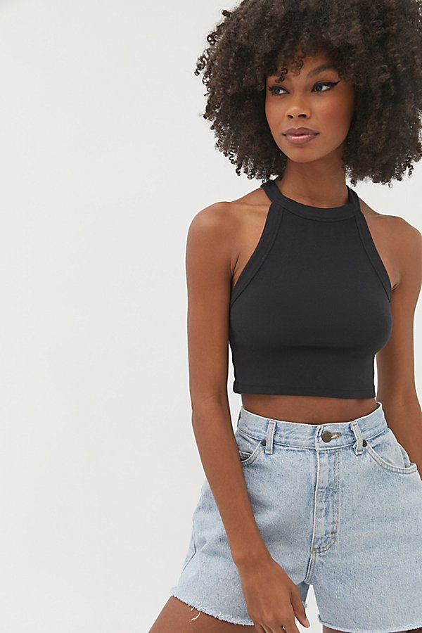 BDG Quinn High Neck Cropped Tank Top - Black L at Urban Outfitters | Urban Outfitters (US and RoW)