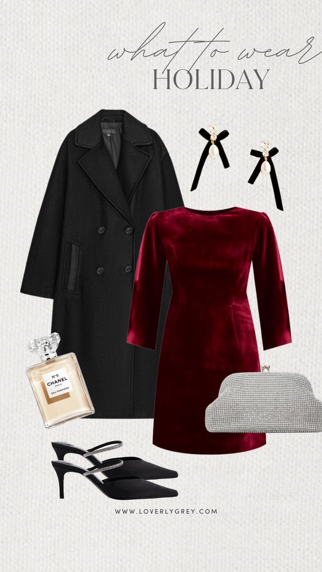 Loverly Grey, what to wear for the holidays! I am loving the velvet red dress paired with a long black coat. I would accessorize with the silver clutch, bow earrings, and black heels. Loverly Grey, what to wear, holidayy party

#LTKSeasonal #LTKootd #LTKHoliday