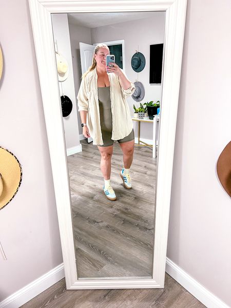 Romper outfit with a cute gauzy button up shirt and colorful sneakers. 

Plus size summer outfit 
Platform sneakers 
Plus size ootd 
Summer outfit 
Casual outfit 
Mom style 
Elevated mom style 
Plus size style 


#LTKStyleTip #LTKOver40 #LTKPlusSize