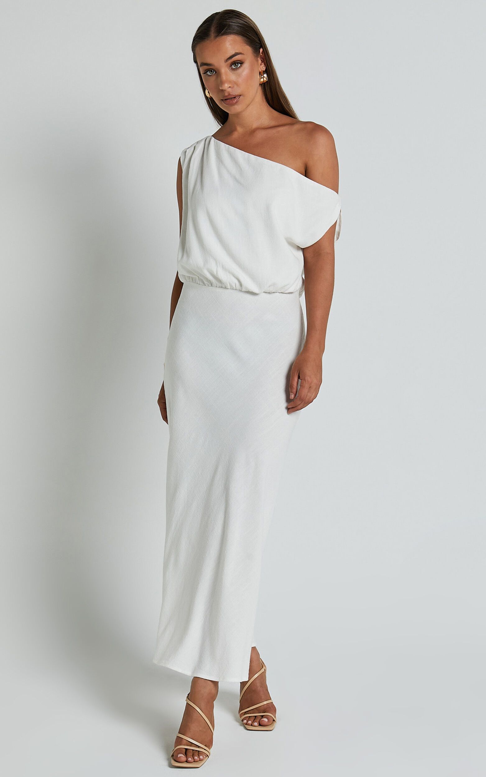 Jacqueline Midi Dress - Linen Look One Shoulder Dress in White | Showpo (US, UK & Europe)