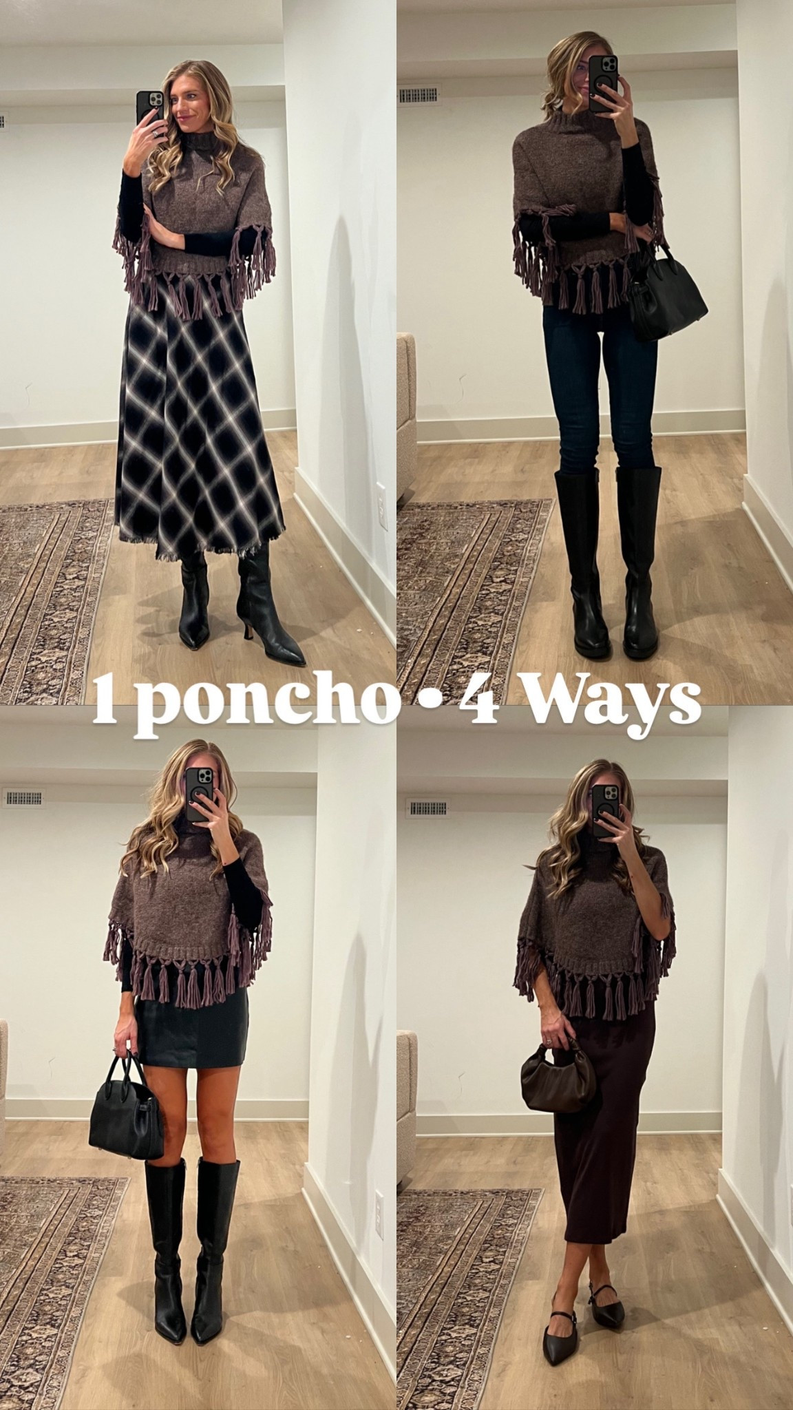Ways to Wear a knit poncho!
My exact poncho sold out from free people but find an almost identical one on amazon! I also linked a few other similar ones below under the “similar” section of the LTK post.  
Size medium in turtleneck and leather skort and small tall in brown dress.  Size medium/6 in plaid skirt. 
Jeans run tts (4 extra long)


Free people, holiday outfits, thanksgiving outfit

#LTKHoliday #LTKSeasonal #LTKTall