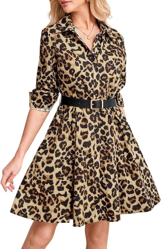 Women's Printed Button Down Shirt Dress Long Sleeve Belted Mini Dress | Amazon (US)
