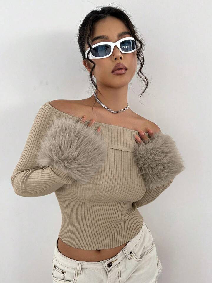 SHEIN ICON Women'S Fuzzy Cuff Off Shoulder Sweater | SHEIN