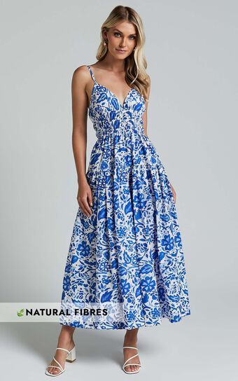 Cheri Midi Dress - Strappy Fit and Flare Tiered Dress in Blue Floral | Showpo (US, UK & Europe)