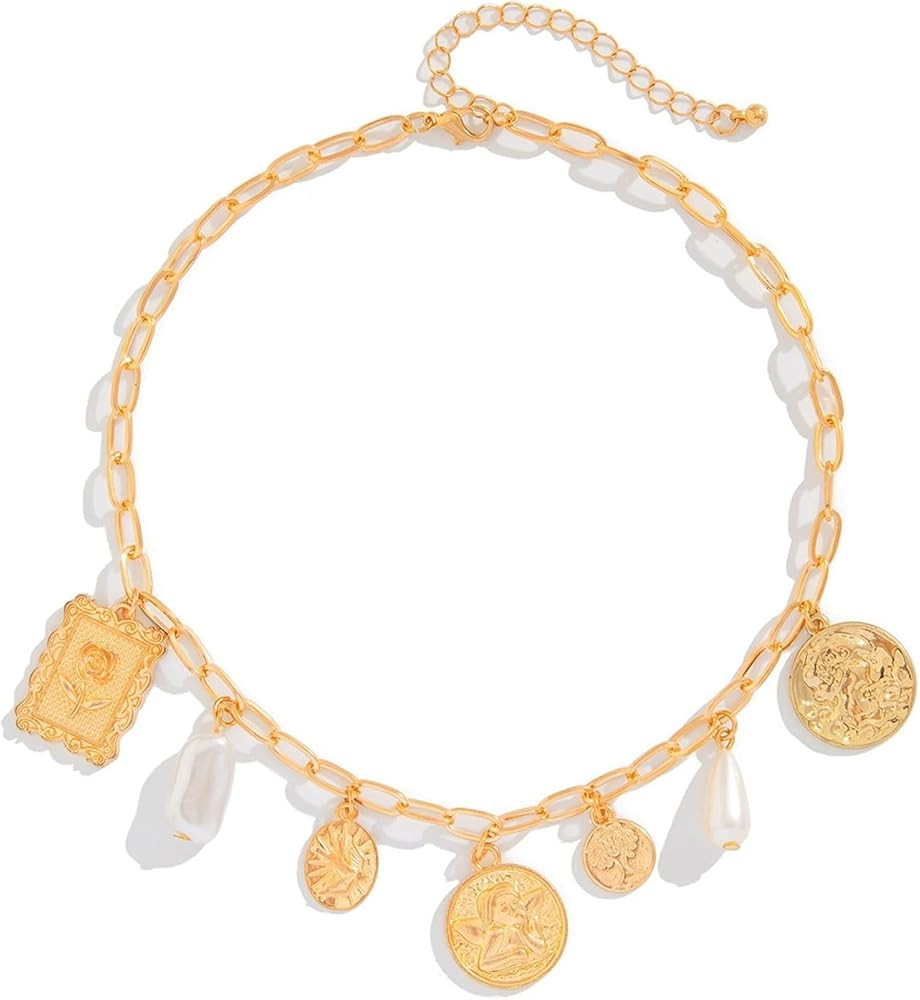 Gold Charm Necklace for Women Gold shell Pearl paperclip Choker necklaces Summer Beach Necklace B... | Amazon (US)