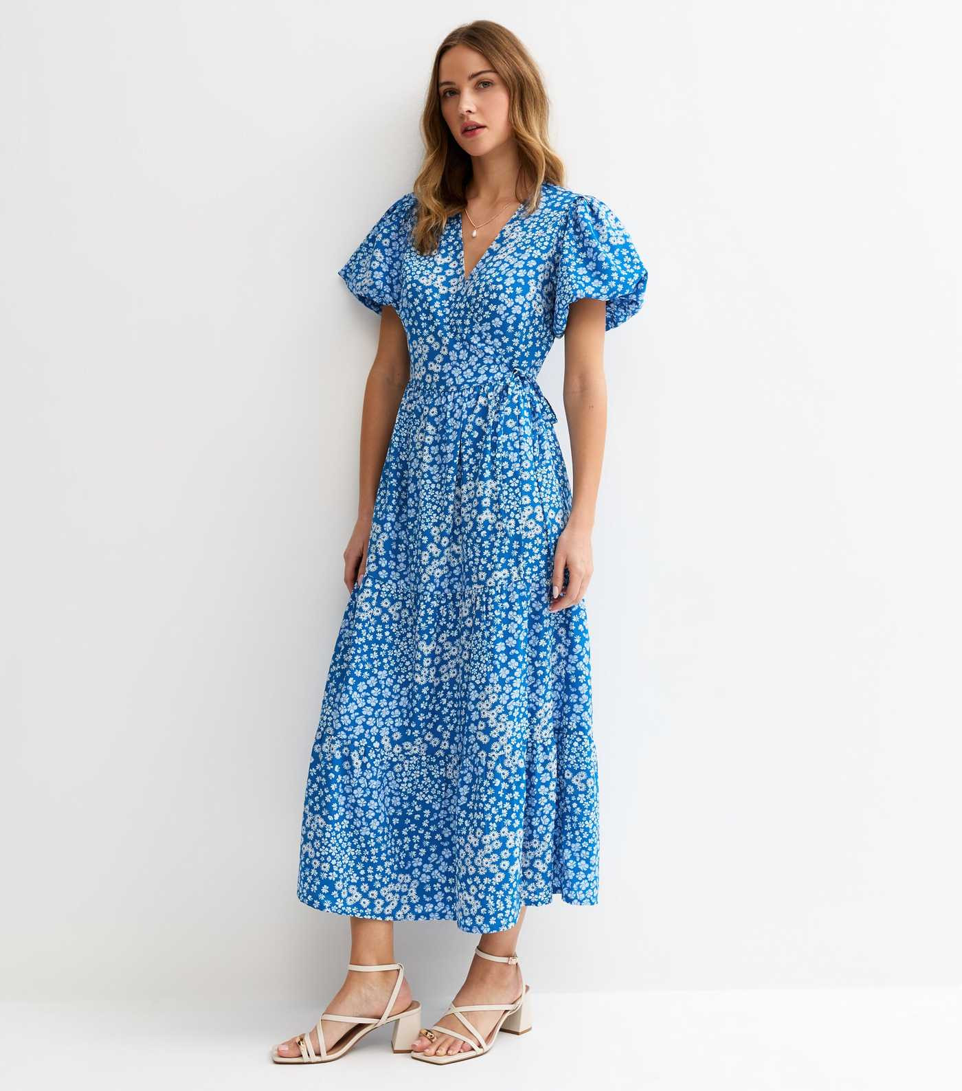 Blue Crepe Floral Print Wrap Midi Dress | New Look | New Look (UK)