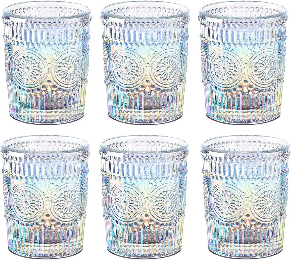 Joeyan Iridescent Drinking Glasses Vintage Glassware Sets Rainbow Embossed Romantic Water Glass T... | Amazon (US)