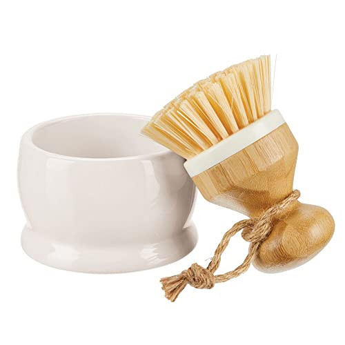 mDesign Bamboo Wood Round Mini Palm Scrub Brush with Holder for Kitchen Sink, Bathroom, Household Cleaning - Wash Dishes, Pots, Pans, Vegetables - Echo Collection - Cream/Natural | Amazon (US)