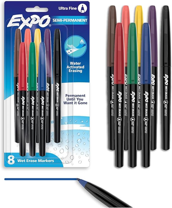 EXPO Vis-a-Vis Wet Erase Markers, Semi-Permanent, Assorted Colors, Ultra Fine Tip, 8 Count - For Writing on Glass, Whiteboards, Mirrors, Calendar, Labeling, Organizing | Amazon (US)