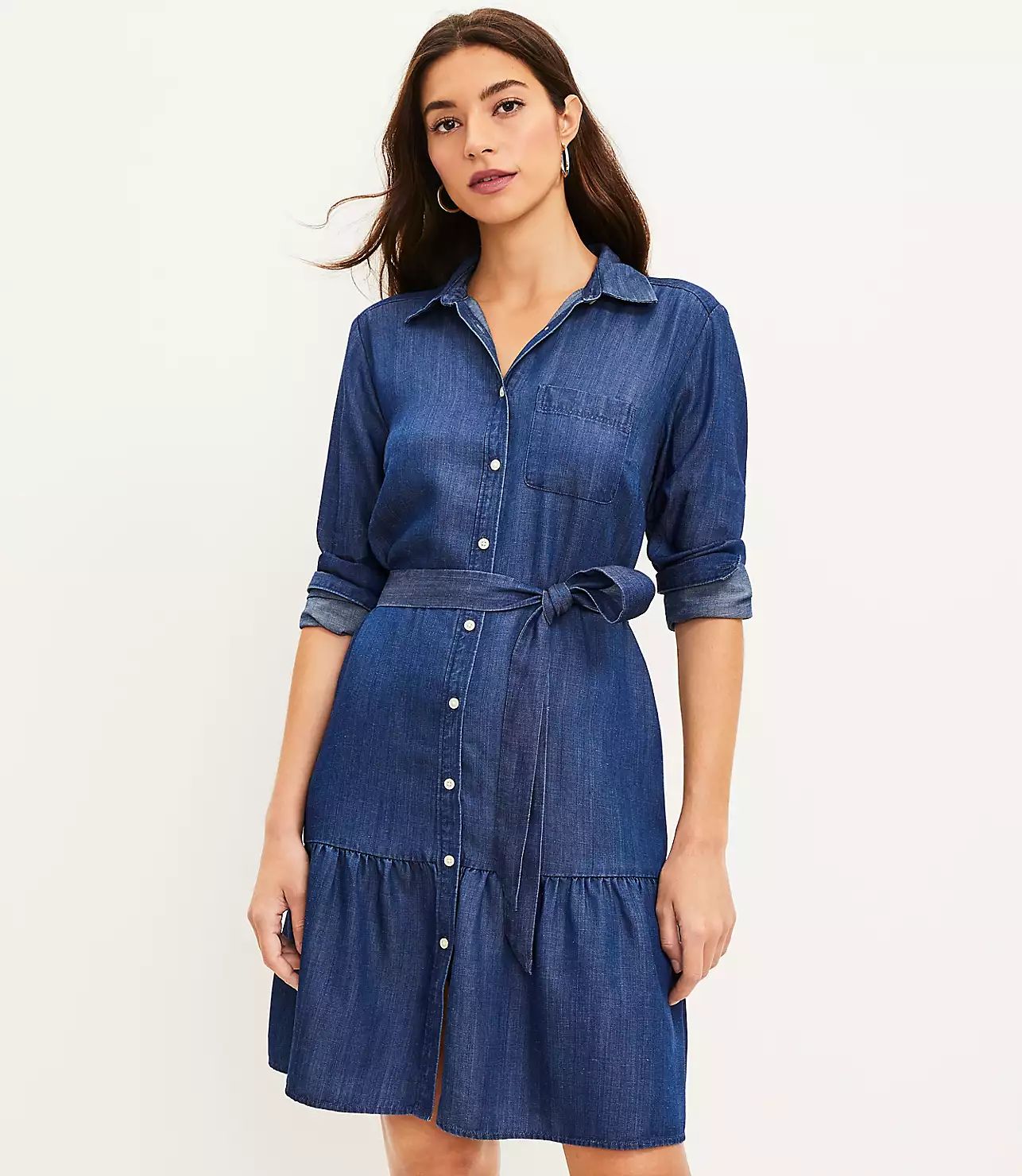 Chambray Flounce Shirtdress | LOFT