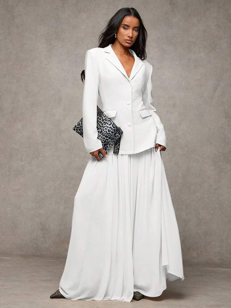SHEIN BAE Women's Solid Color Lapel Neck Long Sleeve Jacket And Pleated Skirt Elegant 2 Pieces Set, Autumn Winter Women Clothes Women Set Thanksgiving Women Outfit Winter Christmas Women Clothes Two Pieces Fall Outfits Two Pieces Outfits Business Casual Women Business Casual Christmas Outfits Professional Clothes | SHEIN