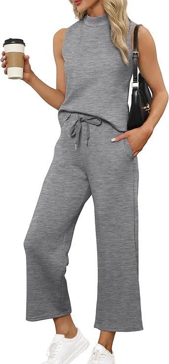 SAMPEEL Two Piece Sets for Women Summer Outfits Lounge Sets Mock Neck Tops Wide Leg Crop Pants Va... | Amazon (US)