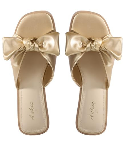 Ankis Gold Sandals Womens Bow Flat Sandals Dressy - Cute Summer Beach Sandals for Women 2026, Square Open Toe Comfortable Slip On Slide Sandals Bride Wedding Bridal Dress Shoes Slippers | Amazon (US)