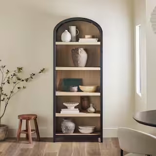 Welwick Designs Arched 76 in. Tall Black Wood 5-Shelf Bookcase with Open Front Storage Design HD1... | The Home Depot