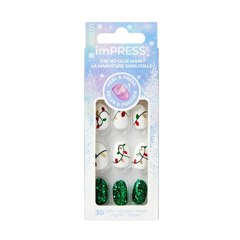 KISS imPRESS Holiday Press on Nails, Design, All Is Bright, White, Short Oval, 30 Count | Walmart (US)