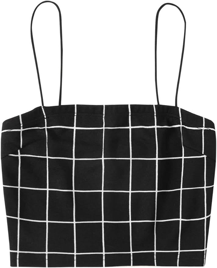 SheIn Women's Sexy Spaghetti Strap Sleeveless Grid Print Crop Cami Tank Top | Amazon (US)
