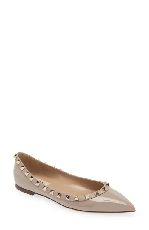 Valentino Garavani Rockstud Pointed Toe Ballerina Flat in P45 Poudre/Poudre at Nordstrom, Size 5.5Us | Nordstrom