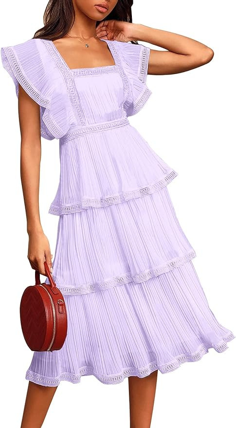 ETCYY Women's Summer Ruffle Dress Tiered Layed Chiffon Lace Short Sleeve Boho Floral Print Party ... | Amazon (US)